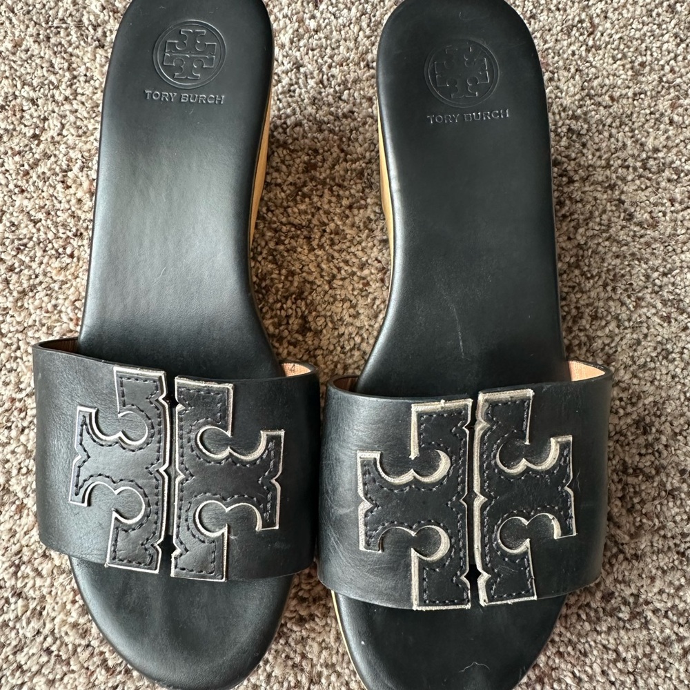 Tory Burch Black Leather Logo Slide Sandals